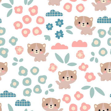 A pattern with cute pretty cats. Seamless ornament for baby design