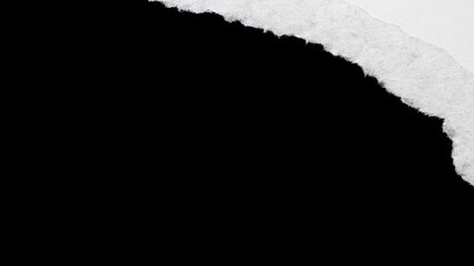 Ripped paper. Old white torn paper texture isolated on black background. Abstract rip vintage sheet frame. Surface wallpaper backdrop placard empty space for text.