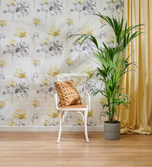 Decorative flower wallpaper background, wooden chair and cabinet style with green vase of plant,...
