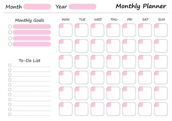 Modern monthly planner printable template with pink ellements. Collection of weekly or daily planner, note paper, to do list, stickers templates. Blank white notebook page A4