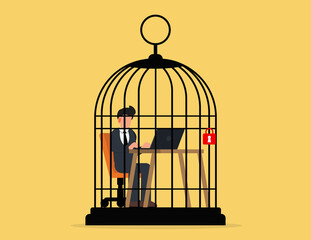 Stress at work concept. business man working at desk trapped inside birdcage