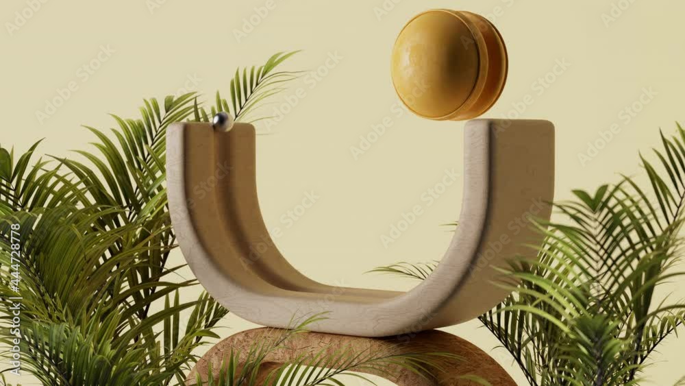 Poster modern looking 3d loopable render with rolling elements and plants with little bokeh effect. realist