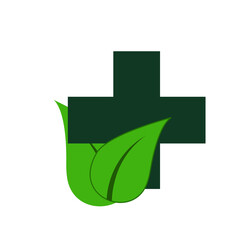Health care medical cross and green leaf