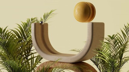 Modern looking 3d loopable render with rolling elements and plants with little bokeh effect. Realistic 3d render.