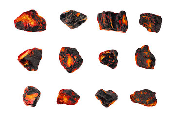Red hot coal stones set isolated white, burning natural black charcoal pieces texture, flaming...