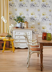 Modern wallpaper background cabinet table and wooden chair style, vase of plant and yellow curtain interior decor.