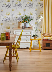 Modern wallpaper background cabinet table and wooden chair style, vase of plant and yellow curtain interior decor.