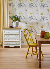 Modern wallpaper background cabinet table and wooden chair style, vase of plant and yellow curtain interior decor.