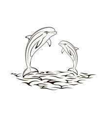 Stylized creative vector illustration of a dolphins tattoo on waves. In tribal style on a black and white background