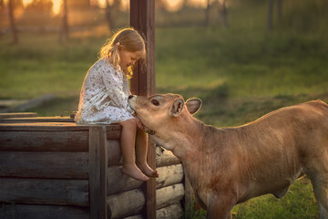 Cute little girl with a funny calf. Image with selective focus and toning