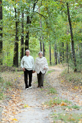Portrait of old couple walking in autumn forest