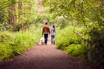 Fototapeta premium Rear View Of Couple With Pet Dog Walking Along Path Through Trees In Countryside