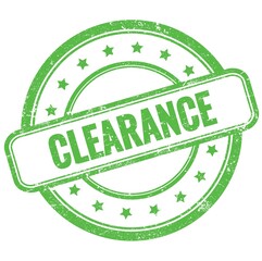 CLEARANCE text on green grungy round rubber stamp.