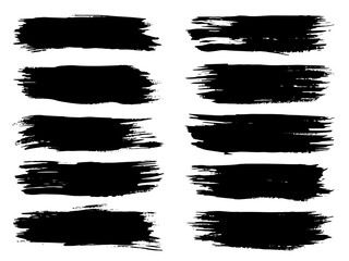 Vector collection or set of artistic black paint, ink or acrylic hand made creative brush stroke backgrounds isolated on white as grunge or grungy art, education abstract elements frame design