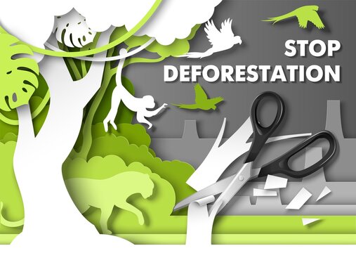 Stop Deforestation Poster. Jungle Animals Looking At Scissors Cutting Rainforest Tree, Vector Paper Cut Illustration.