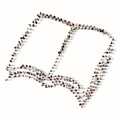 Concept or conceptual large community  of people forming the image of an open book on white background.  A 3d illustration metaphor for learning, education, research,  science, literature and culture