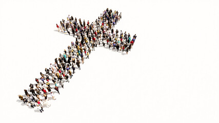 Concept or conceptual large community  of people forming the image of a religious christian cross. A 3d illustration metaphor for God, Christ, religion, spirituality, prayer, Jesus or belief