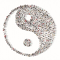 Concept or conceptual large gathering of people forming the image of the chinese symbol of Yin-Yang as opposing and complementary forces. A 3d illustration metaphor for taoism, meditation and balance