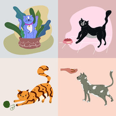 Fototapeta na wymiar Set of blue, red, black, gray cats. Plays in houseplants, with a ball of wool, eating from hand and bowl. Stickers, posters, vector illustration