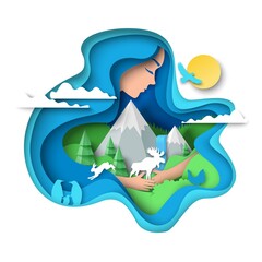Girl hugging mountains, forest trees, wild animals, vector paper cut illustration. Nature protection, save environment.