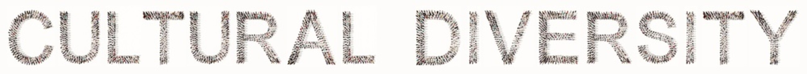 Concept conceptual large community of people forming CULTURAL DIVERSITY message. 3d illustration metaphor to multicultural, multiethnic, educatiom, community, teamwork, friendship, inclusion, respect