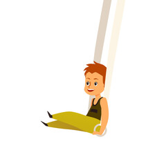 Child boy doing gymnastic exercises on rings, flat vector illustration isolated.