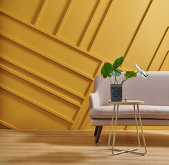 Decorative yellow wall background room interior concept, home furniture style with sofa.