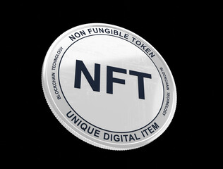 NFT text on metallic coin isolated on black background - 444733393