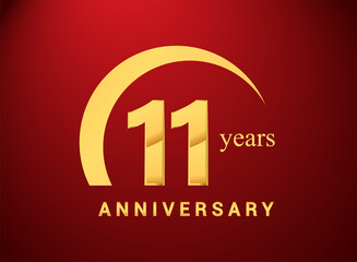 11th years golden anniversary logo with golden ring isolated on red background, can be use for birthday and anniversary celebration.