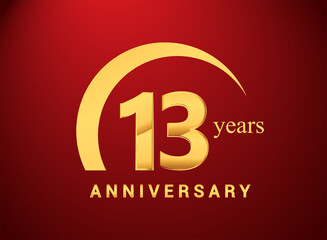 13th years golden anniversary logo with golden ring isolated on red background, can be use for birthday and anniversary celebration.