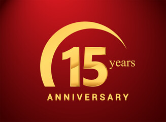 15th years golden anniversary logo with golden ring isolated on red background, can be use for birthday and anniversary celebration.