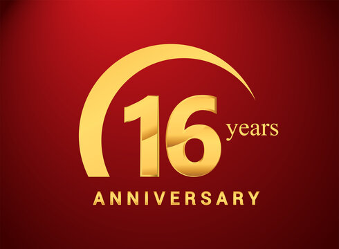 16th years golden anniversary logo with golden ring isolated on red background, can be use for birthday and anniversary celebration.