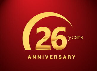 26th years golden anniversary logo with golden ring isolated on red background, can be use for birthday and anniversary celebration.