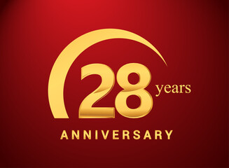 28th years golden anniversary logo with golden ring isolated on red background, can be use for birthday and anniversary celebration.