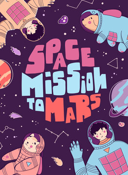 Space mission to mars in fantastic style on deep background. Flat vector cartoon illustration. Technology background. Vector illustration design.
