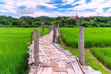 Fototapeta na wymiar Bamboo bridge is name Su Tong Pe bridge across field in Mae Hong Son province, Thailand.
