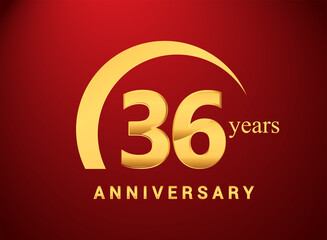 36th years golden anniversary logo with golden ring isolated on red background, can be use for birthday and anniversary celebration.