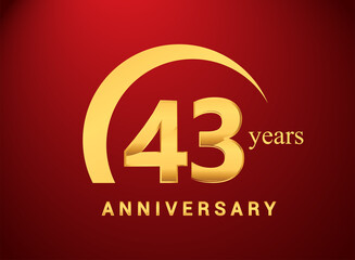 43rd years golden anniversary logo with golden ring isolated on red background, can be use for birthday and anniversary celebration.