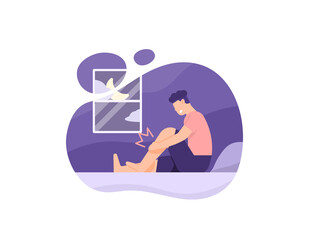 illustration of a man who feels pain in his leg at night. foot injury, gout, nerve pain, foot disorders. cramps in the calves. people's expressions. flat cartoon style. vector design
