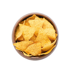 Corn tortilla chips in wooden bowl isolated over white background with clipping path