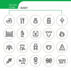 Baby. Set of vector, linear icons. The set contains icons such as stroller, baby food, toys, clothes and others.