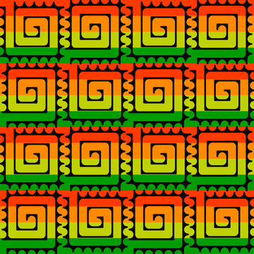 Rasta spirals tile. Vector repeated squares with coils and rasta colors.