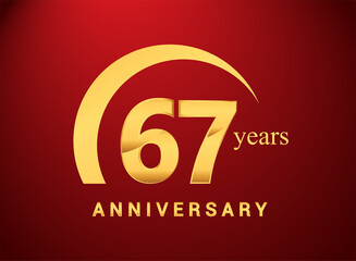 Obraz premium 67th years golden anniversary logo with golden ring isolated on red background, can be use for birthday and anniversary celebration.