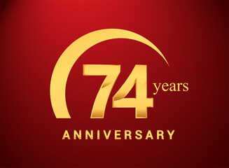 74th years golden anniversary logo with golden ring isolated on red background, can be use for birthday and anniversary celebration.