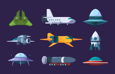 Space shuttles. Rockets and alien ufo jet shuttle universe flying futuristic planers garish vector flat collection - obrazy, fototapety, plakaty
