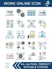 Work Online by computers, smartphones, and laptops remotely. Editable stroke. 64 x 64 pixel perfect. Vector illustrator Flat icon.	