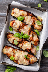 eggplant aubergine stuffed minced meat with tomato sauce and mozzarella cheese