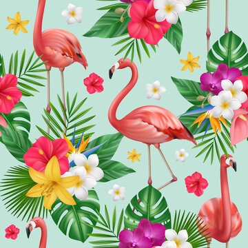 Flamingo pattern. Exotic birds and plants illustration for textile design projects wildlife tropical life decent vector seamless background © ONYXprj