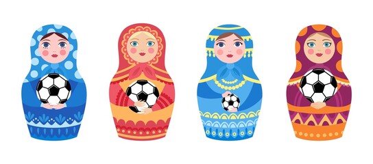 Russian doll and football ball. Matryoshka hold balls, welcome to Russia. Flat soccer game decorative elements vector set