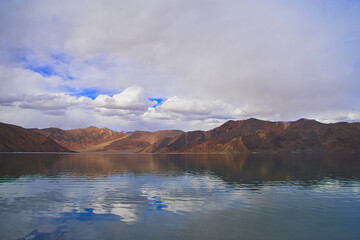 Pangong Tso or Pangong Lake is a brackish water lake, marshes and wetlands. Landscape an endorheic lake in the himalayas, Jammu and Kashmir, India. June 2018